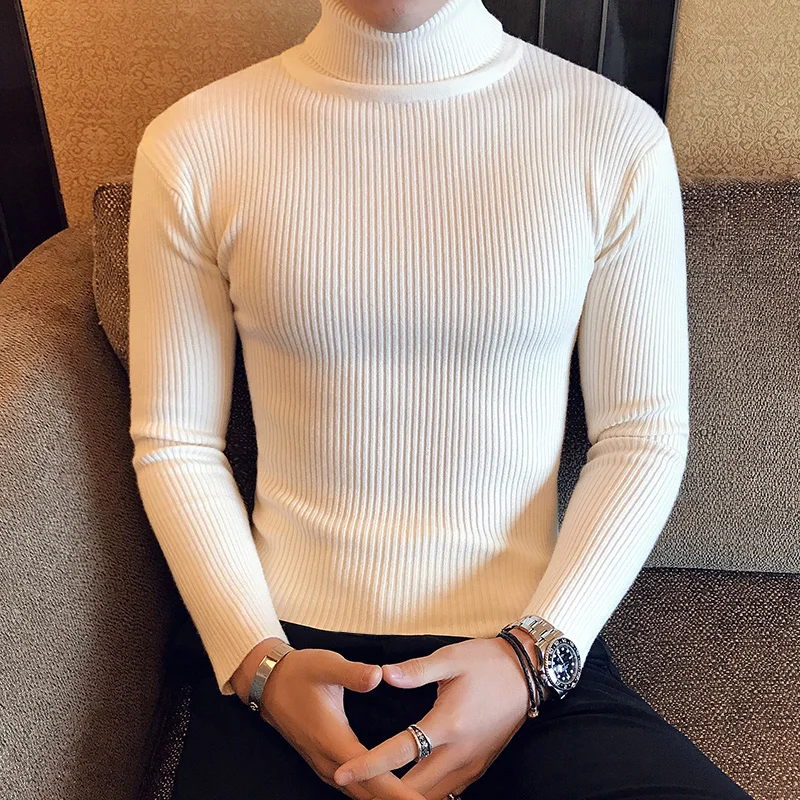 AliExpress 2022 Fall/Winter Men's Turtleneck Sweater Fashion Striped Solid Color Warm Knitted Sweater Men