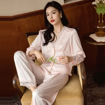 Women's Spring and Autumn Ice Silk Lightweight Silky Long Sleeve Pajama Set  Sexy Home Loungewear Minimalist and Casual