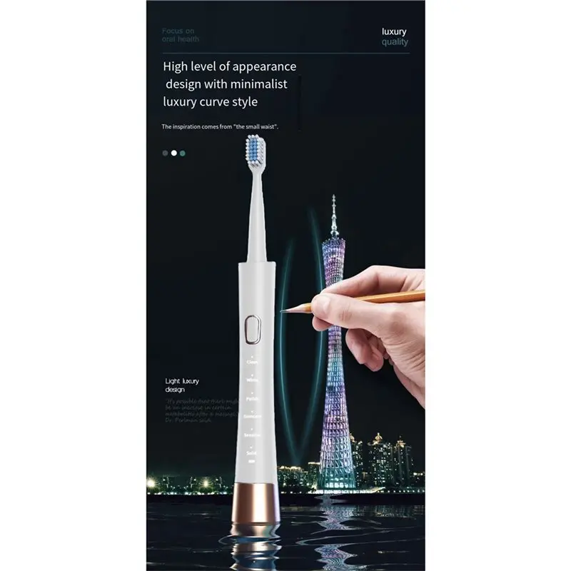 A74G-Type-C 충전식, 성인용 5가지 모드 음파 전동 칫솔, 남녀공용 디자인, 중공 컵 모터