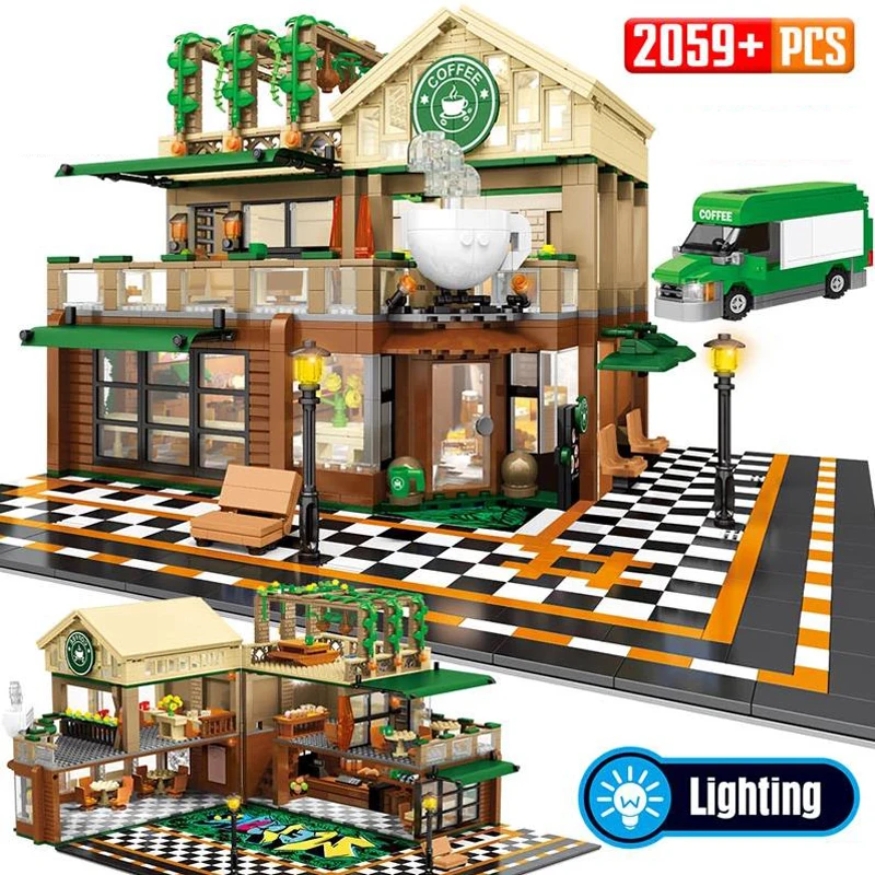 City Street View Architecture Star Coffee Shop Building Block Streetscape Model Brick Figures Assemble Toys With Light For Gifts