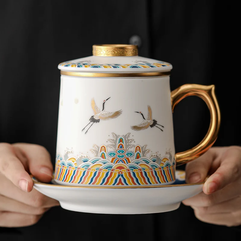 Creative Ceramic Hand Drawn Pattern Cups, Household Office Items Porcelain Filtered Tea Water Separation, Mugs Plate Combination