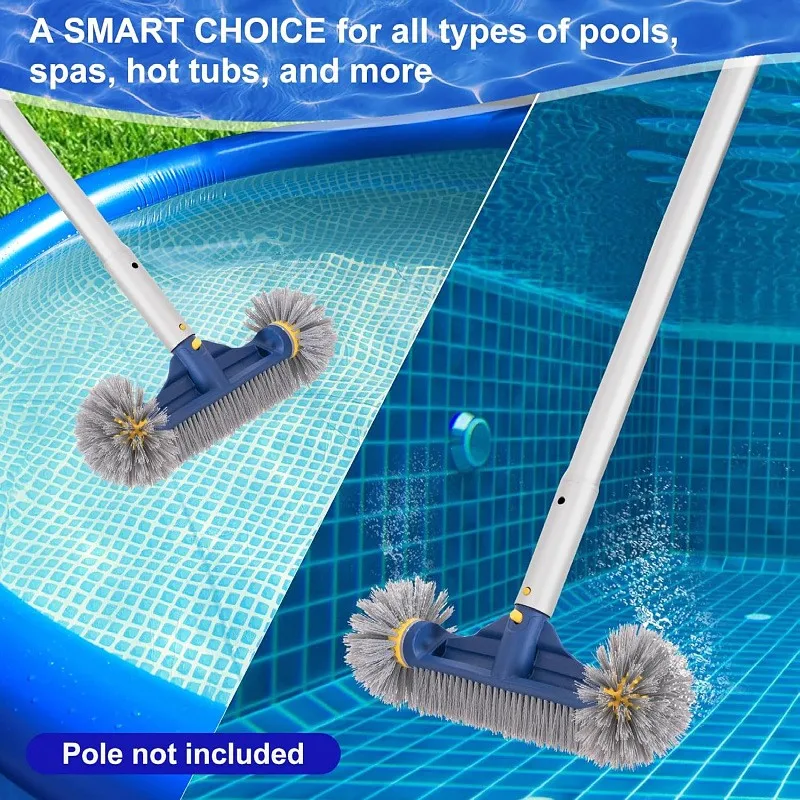 Heavy Duty Pool Brush Head - 7 Rows Nylon Bristles Detachable Handle EZ Clips for Pool Walls Tiles Floors Maintenance