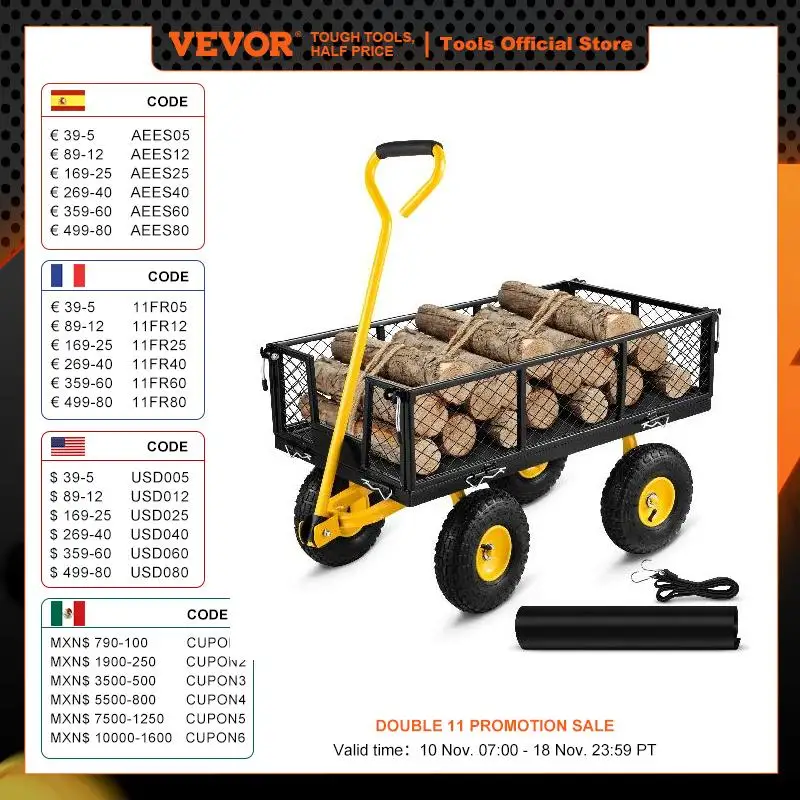 VEVOR Steel Garden Cart Heavy Duty 500/900/1200/1400lbs Capacity with Removable Mesh Sides to Convert into Flatbed Metal Wagon