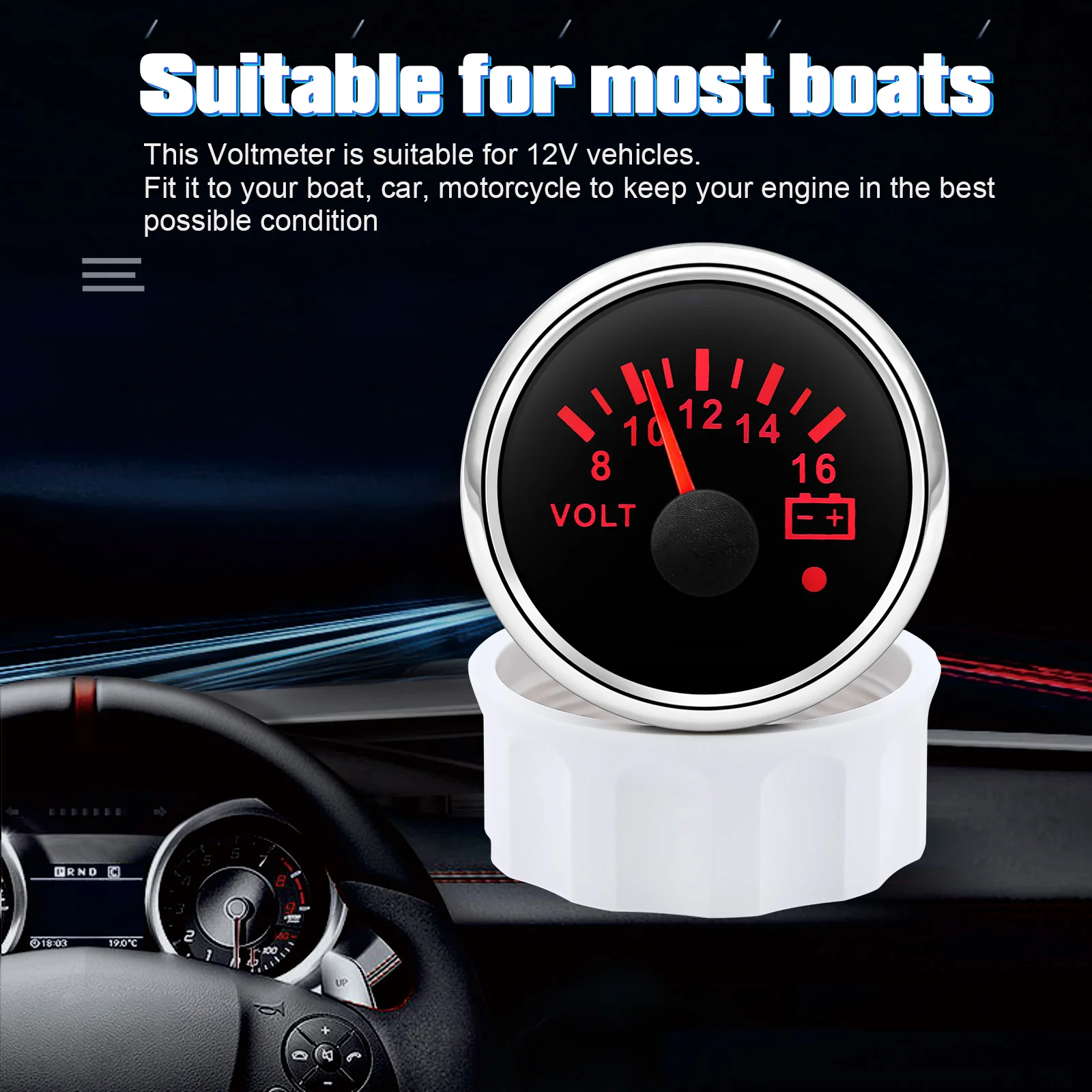 52mm Marine Voltmeter 8-16V/16-32V Volt Meter Gauge Car Voltage Gauges for Boat Car Truck Motorcycle RV Red Backlight 12V/24V