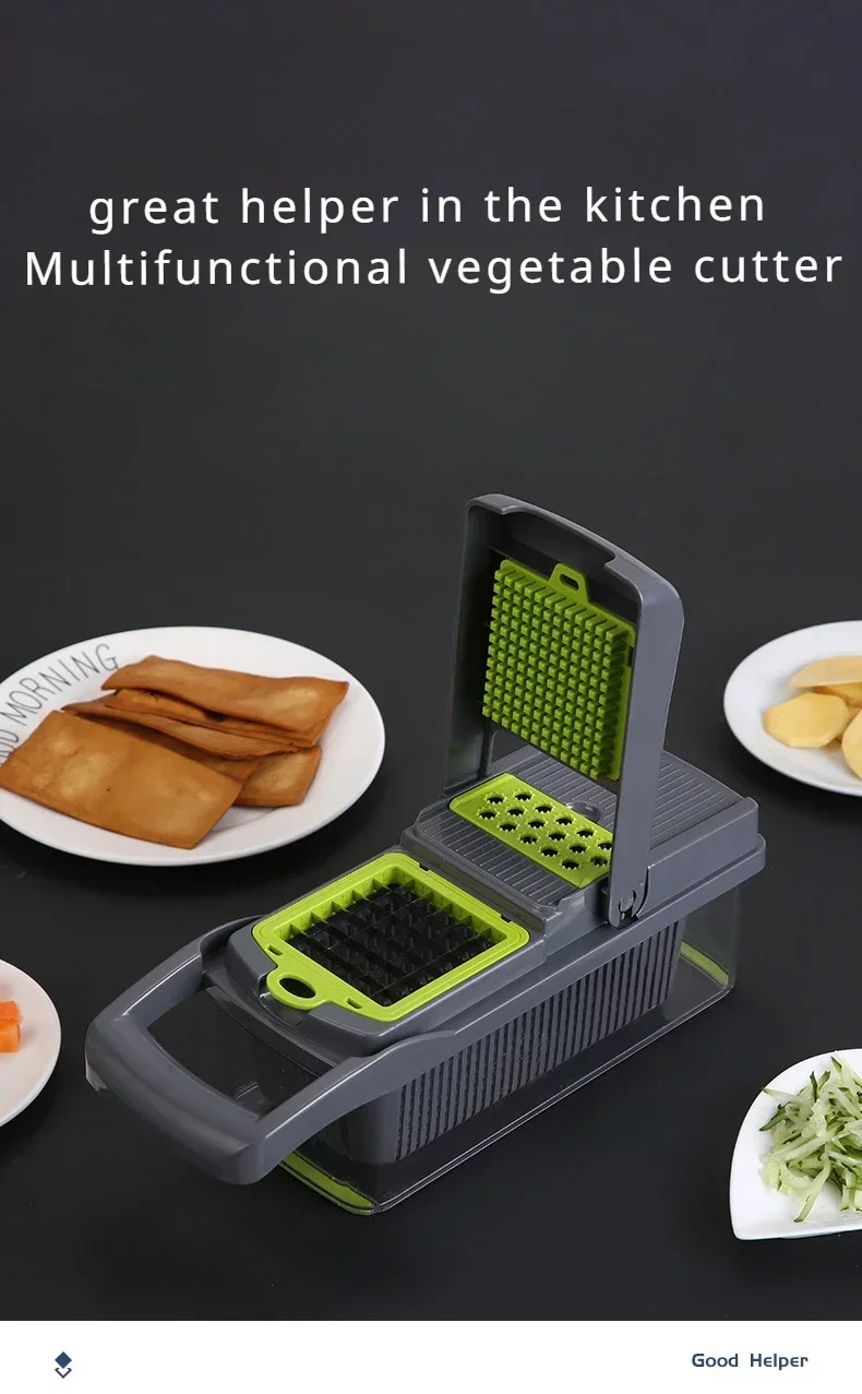 1Pc Green Black 14 in 1 Multifunctional Vegetable Slicer Cutter Shredders Slicer with Basket Fruit Potato Chopper Carrot Grater