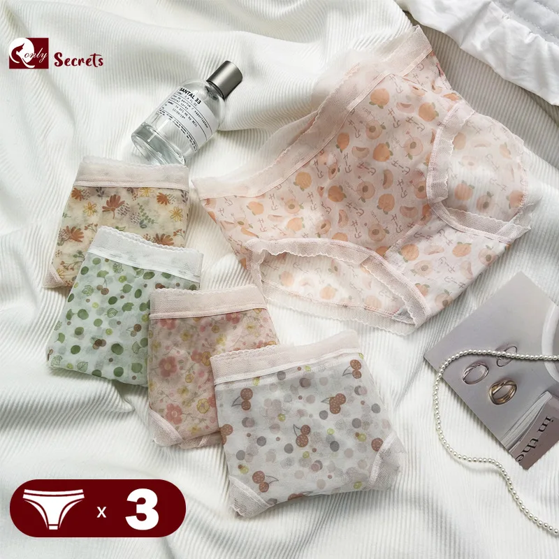 

3PCS/Set Traceless Lace Briefs Skincare Breathable Underwear Sexy Flowers Panties Mid Waist Women Briefs Female Hollow Lingerie