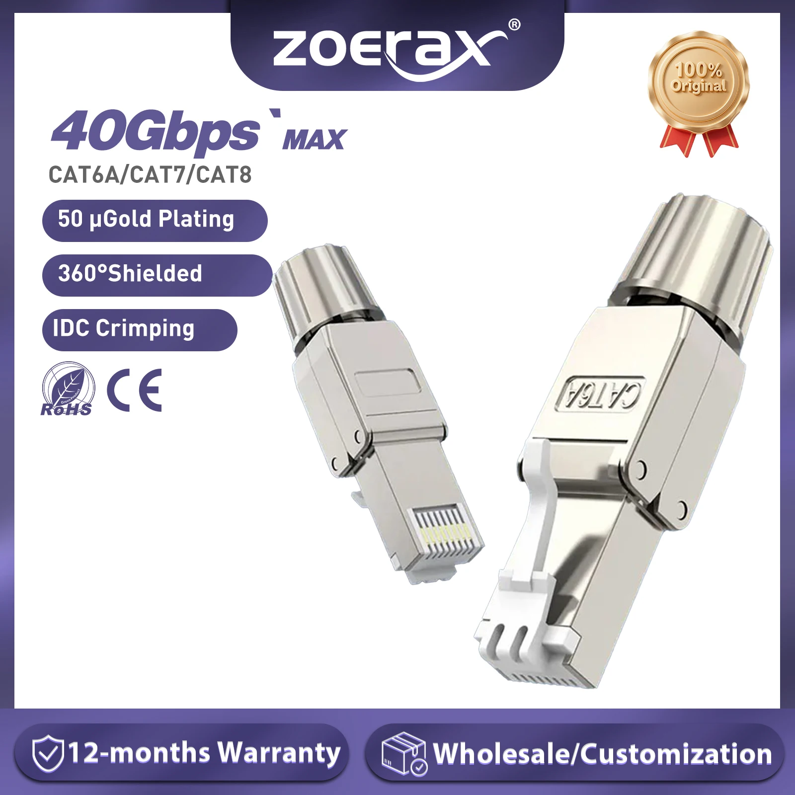ZoeRax RJ45 Cat8 Cat7 Cat6A Connectors Tool-Free Reusable Ethernet