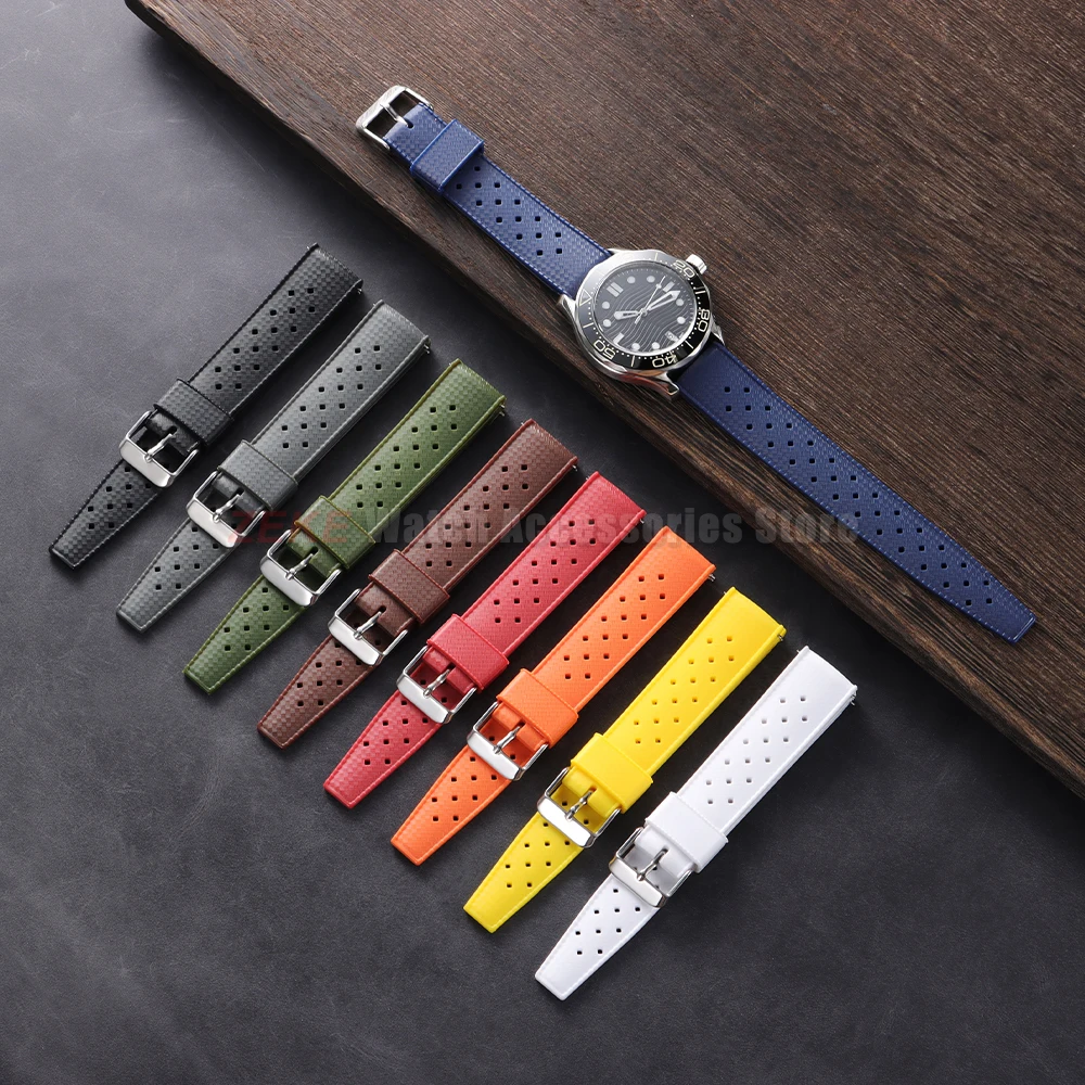 Premium Tropical FKM-Gummiarmbänder, 20 mm, 22 mm, Schnellverschluss, flaches Ende, universelles Uhrenarmband, weiches Silikon-Smartwatch-Armband – Detail 3