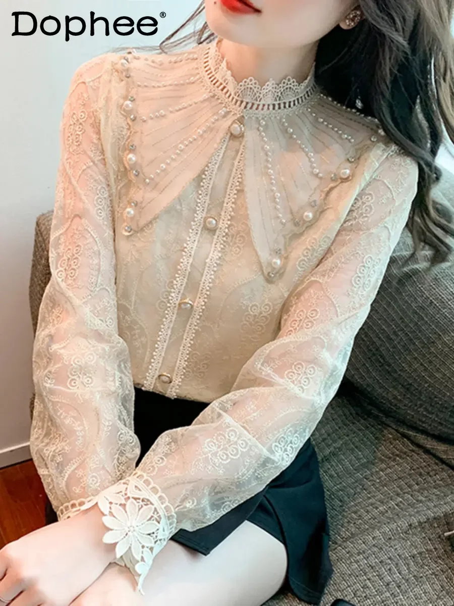 French Elegant Lace Shirt 2022 New Fall Women Clothing Luxury Chic Beads Embroidery Cute Doll Collar Long Sleeve Blusas Top Lady