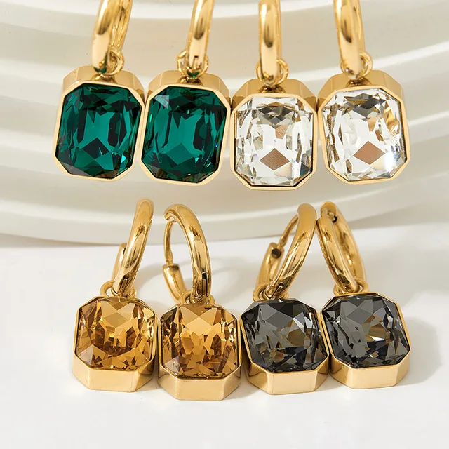 Flashbuy Hot Sale Trend Square Green White Crystal Stainless Steel Earrings For Women Charm Gold Color Earrings Fashion Jewelry