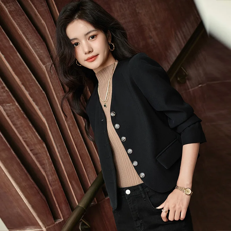 High quality blazer for women short jacket single breasted new spring 2024 elegant fashion clothes - black beige