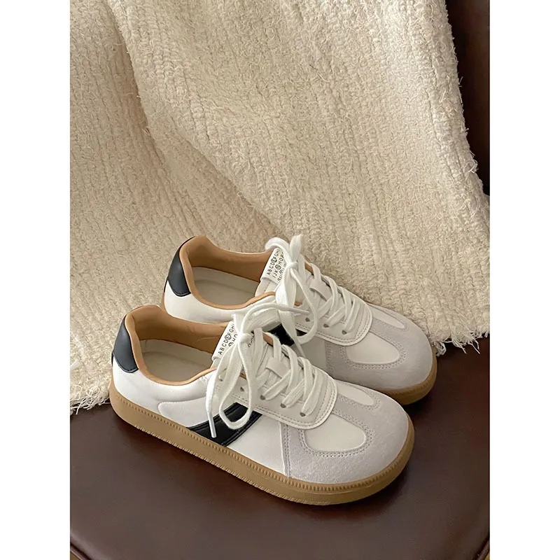 Round Toe Fashion Women Casual Shoes for Spring 2024 Thick Soled Height Women Shoes Leather Pleated Lace-up Board Shoes 24-203