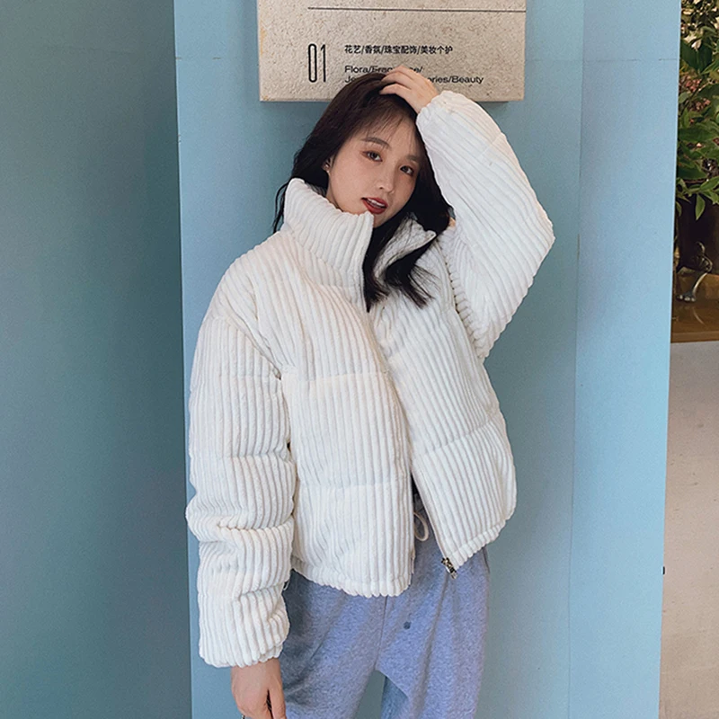 2023 New Winter Corduroy Short Jacket Women Korean Style Thick Zipper Cotton Parkas Woman Stand Collor Bubble Coats Warm Outwear
