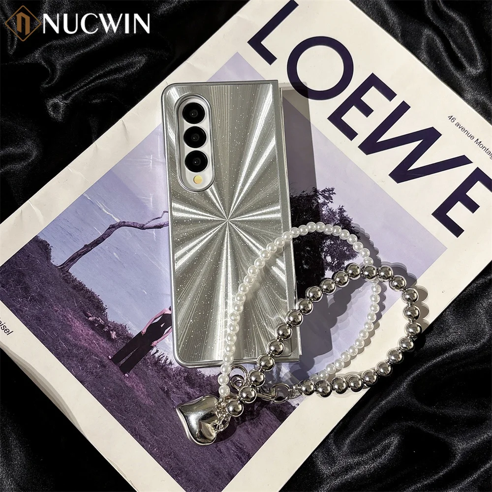 Luxury Laser Aurora Silver Gradient Case with Feather Pattern and Chain Attachment - Hard Acrylic PC Cover