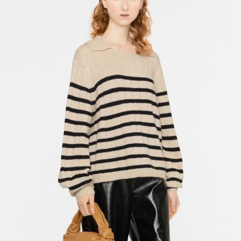 

Women Retro Turn-down Collar Striped Knitted Sweater 2023 Winter New Ladies Casual Long Sleeve Warm Pullover Knitwear