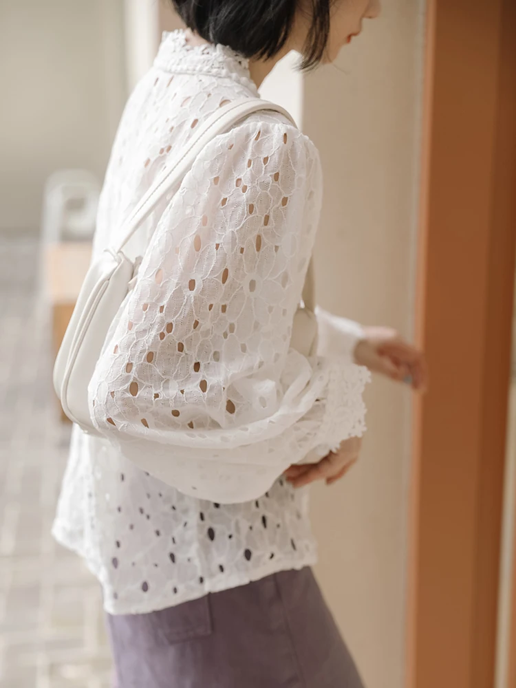 QOERLIN 2024 Fall White Shirts Lace Hollow Out V-Neck Long Sleeve Korean Fashion Button Down White Blouse Female Loose Tops