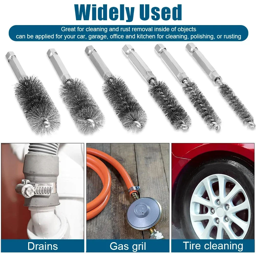 6 Pcs Stainless Steel Cleaning Brush Set 1/4" Hex Bar Twisted Wire Hole Brush for Power Drill Impact Driver(8/10/12/15/17/19 mm)