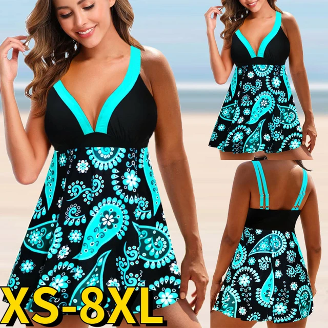 Womens Print Swimwear Top Swimdress Tankini Swimsuits Swimwear Bathing Suit  Plus Size XS-8XL