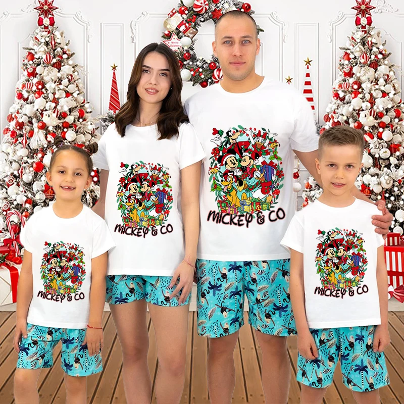 thumbnail image 1 of Camiseta navideña de Mickey Minnie y Donald Duck, conjuntos familiares a juego, regalo navideño para papá y mamá, para niños, algodón puro, manga corta, 1 of 5