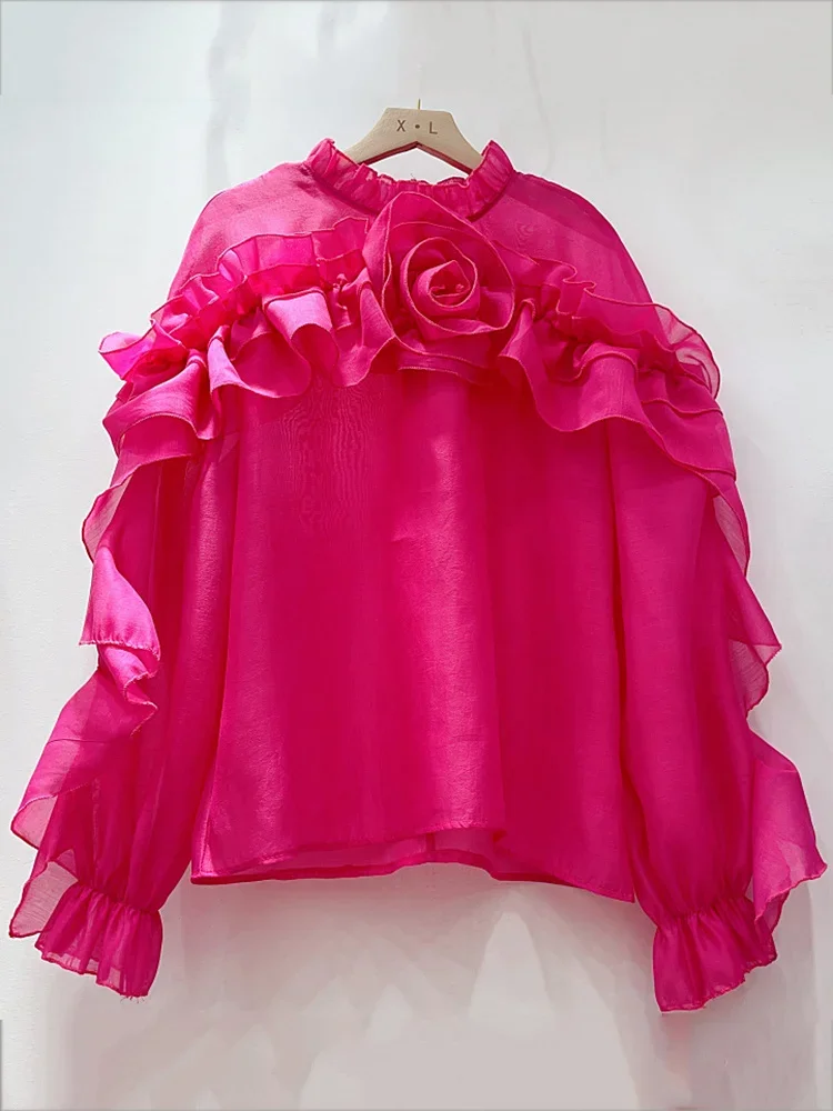 2026 한국 시크 솔리드 3D 플라워 러플 패치워크 루즈 탑 여성 시어 쉬폰 블라우스 여성 2024 여름 신상 SM6322