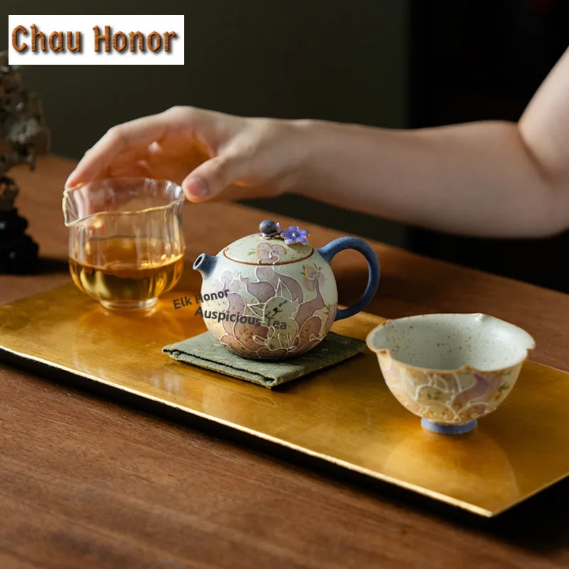 150ml Hand-drawn Fox Teapot Handmade Tea Infuser Pot Tea Brewing Kettle With Ball Hole Chinese Tea Set Accessories Collectible