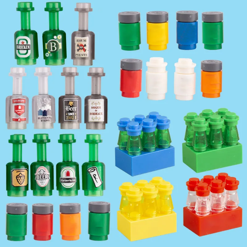 MOC 시티 다이닝 바 빌딩 블록, 슈퍼마켓 우유 와인 음료 병 컵 피규어, 군인 캐릭터 프린트 벽돌 장난감, 선물 