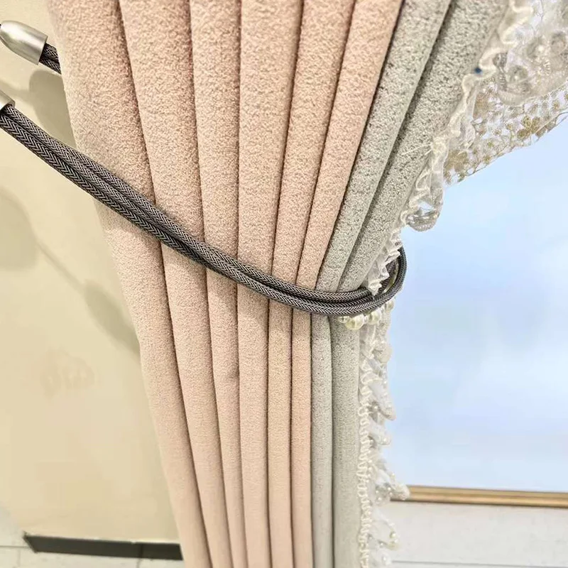 Princess Style Girl Room Pink Grey Lace Patched Curtains for Living Room Bedroom French Window Embroidered Window Screen 5