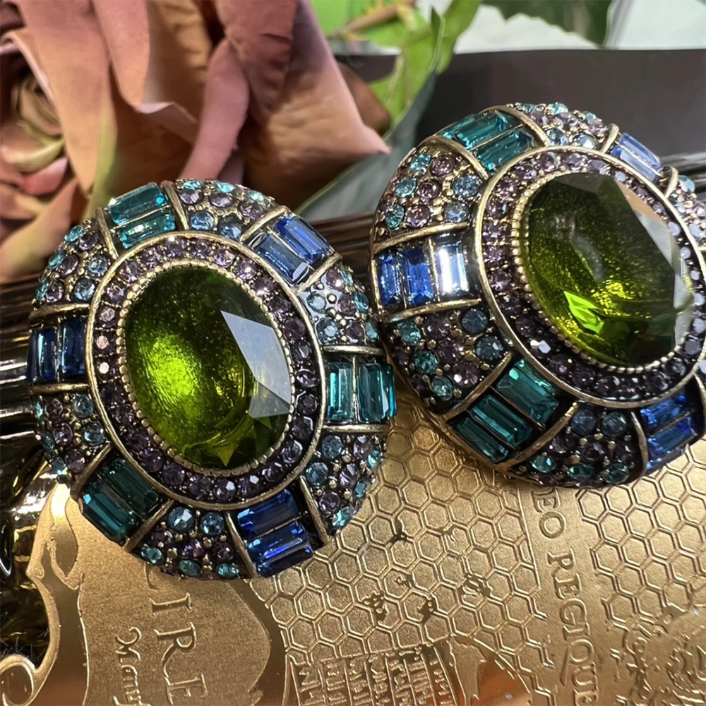 Temperament Vintage Green Glass with Rhinestone Earrings for womens girl  gift ear clip  jewelry Accessories