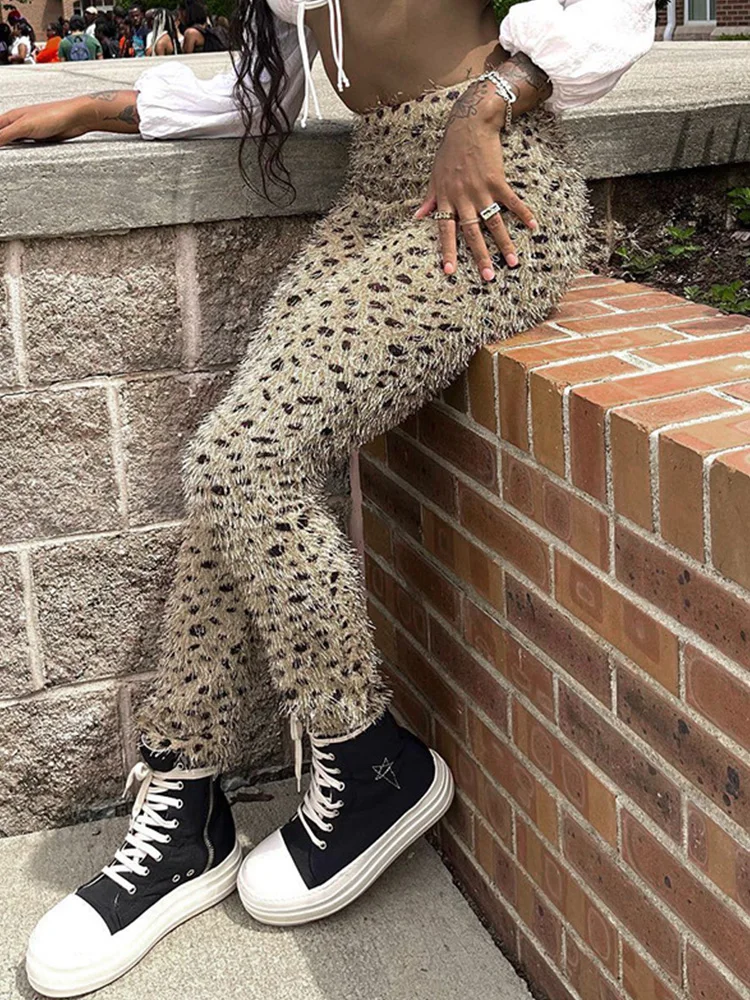 Leopard Print Long Pant For Women Clothes Waist Flat Sexy Trousers Streetwear Slim Fit Spliced Pantalones De Mujer