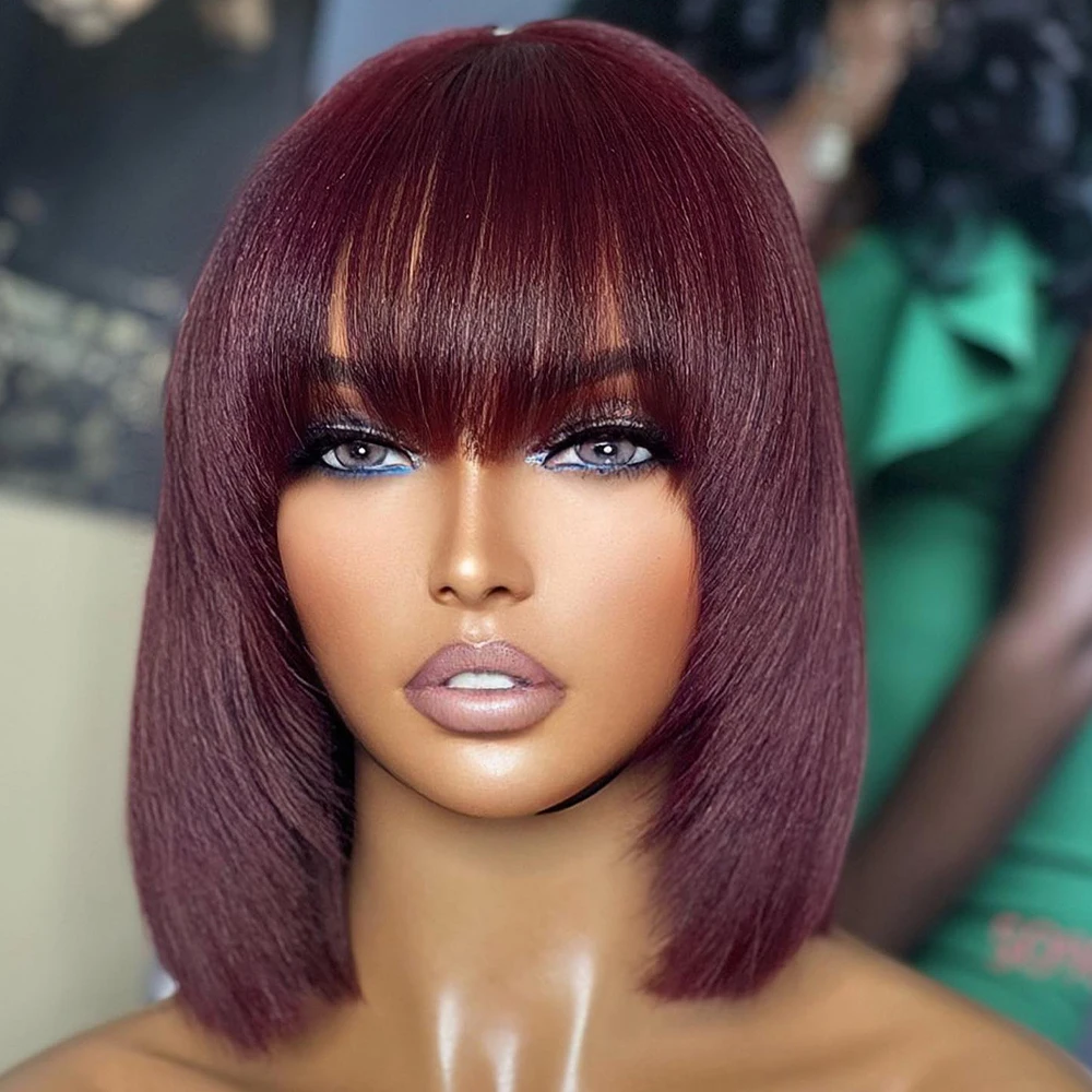 

Dark Burgundy 13x4 Lace Frontal Short Bob Straight Human Hair Wigs Transparent 99j Lace Front Bob Wig with Bangs 180 Density