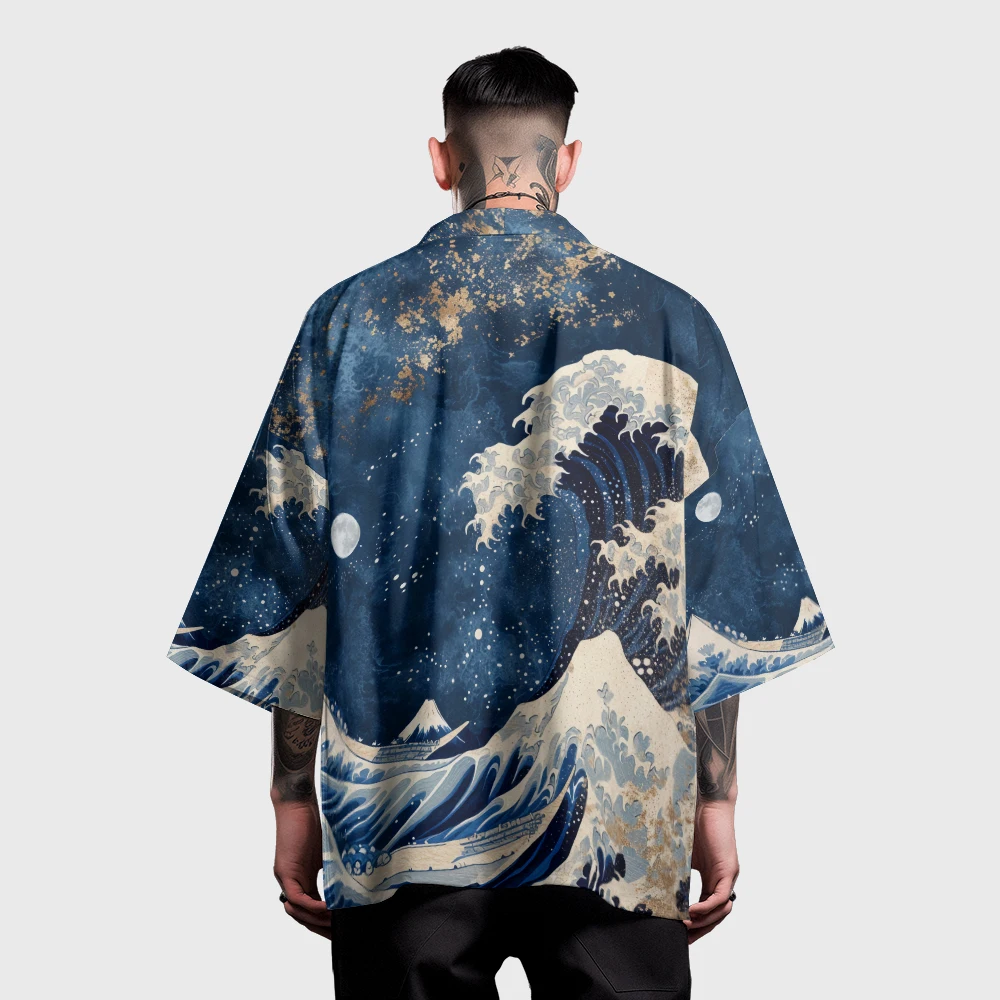 Japanese Kimono Cardigan Summer Samurai Kimono Men Cosplay Stylish Wave Print Haori Streetwear Japanese Fashion Yukata Vintage Cardigan Robe