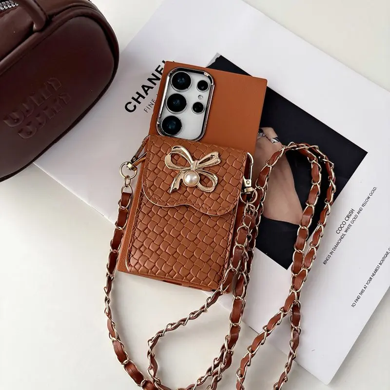 Elegant Chain Lanyard Leather Pearl Wallet Phone Case with Soft Cover