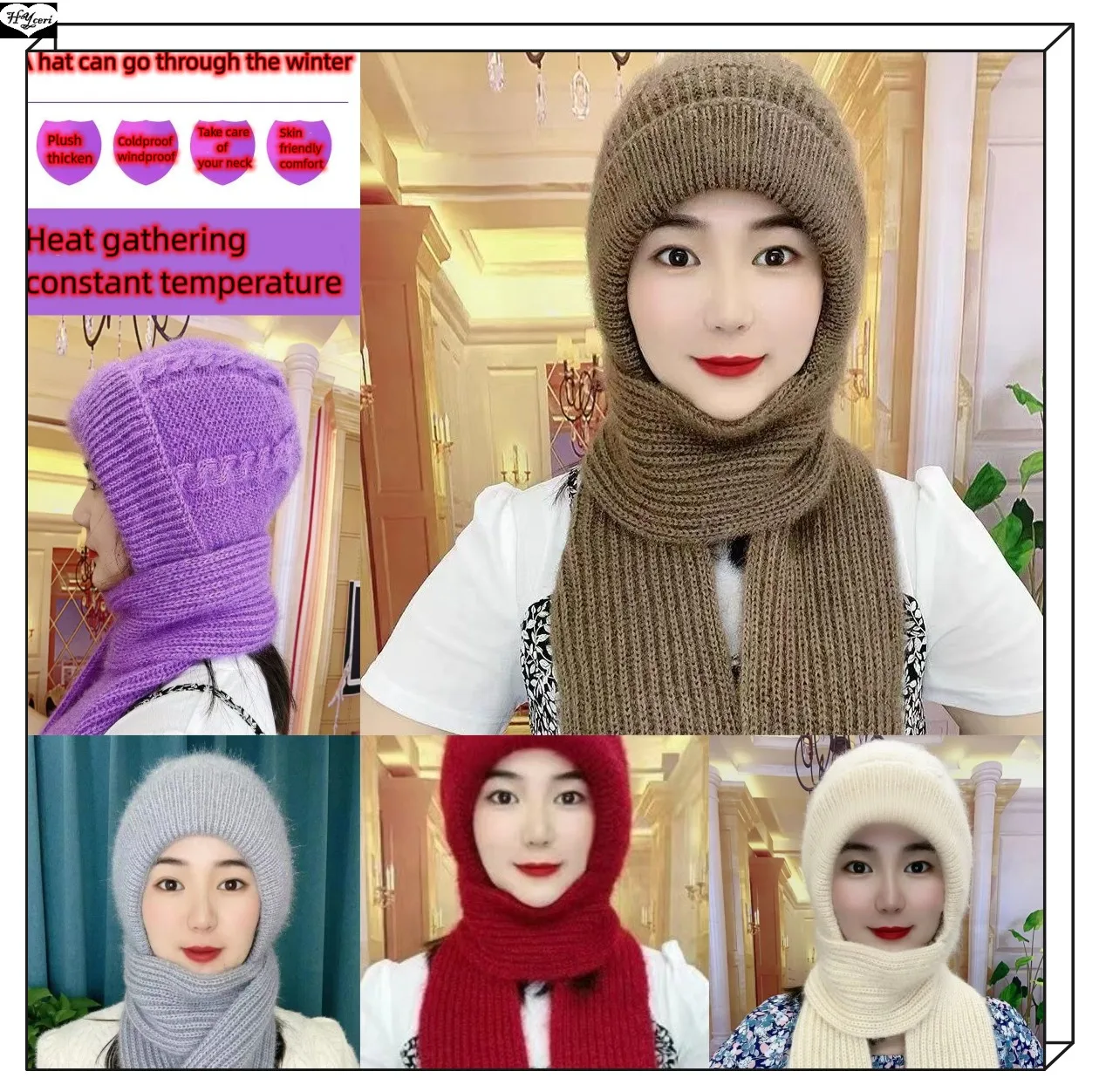 

Fashion Women's Hat And Scarf Winter Warm Knitting Squirrel Velvet Snow Cap Plush Ear ProtectionOne-Piece Knitted Scarf Hat