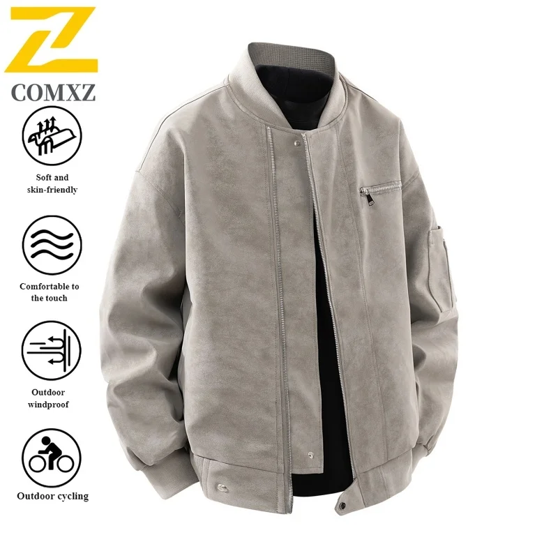 EiAO Windbreaker Vintage Baseball Coat Streetwear Washed Pilot jackets for man PU Leather Biker Coat  Waterproof Windproof 2025