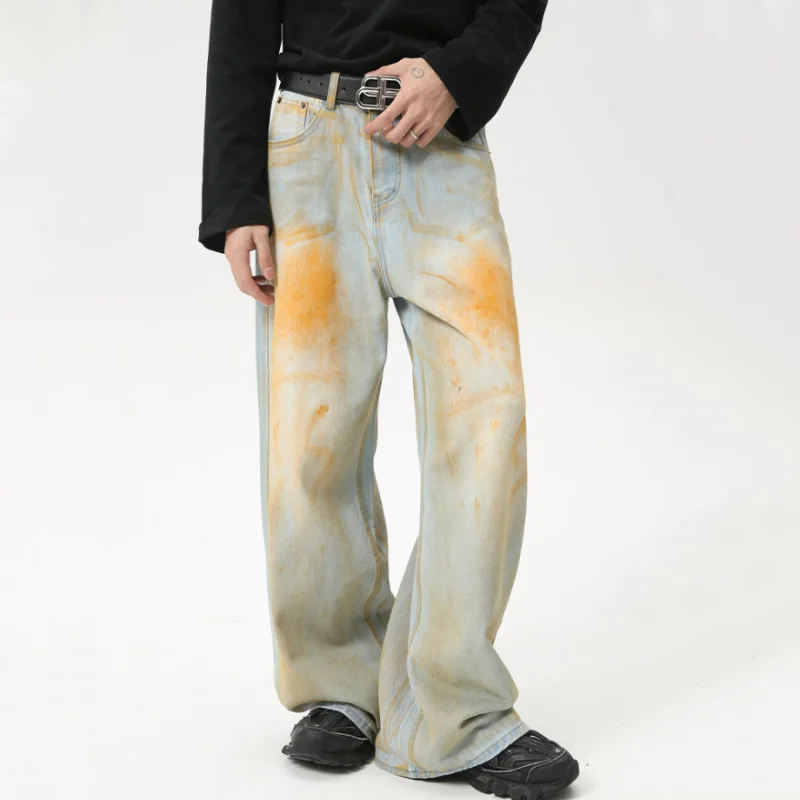 

2024 Summer New Men VIntage American Style High Street Straight Denim Pants Y2K Harajuku Washed Distressed Baggy Jeans pantalone