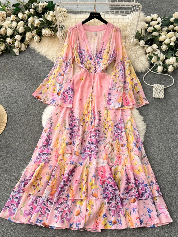 

Holiday Long Dresses Women Clothing 2024 Deep V Neck Long Flare Sleeve Elegant Party Dress Ruffle Hem Vintage Print Maxi Dress