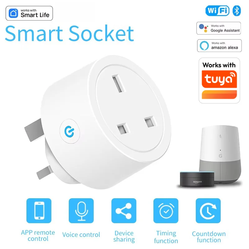 Tuya สมาร์ทปลั๊ก WiFi & BT ซ็อกเก็ต UK 16A พร้อม Power Monitor Voice Control Timing Smart Life Control ทํางานร่วมกับ Alexa Google Home 1