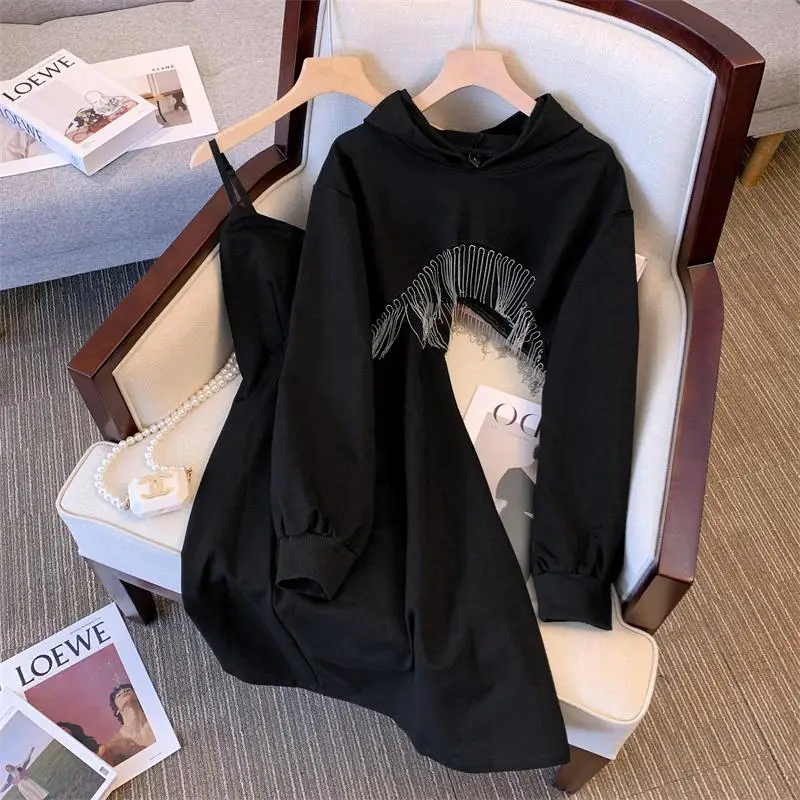 

Модный женский хлопковый костюм Y2K, толстовка с капюшоном, свитер и платье на бретельках, комплект из двух предметов, черная одежда в стиле High Street, наряды