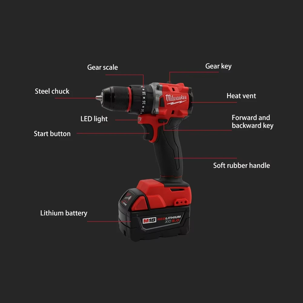Milwaukee 150N.m Brushless Electric Impact Drill Cordless Drill Driver Mini Electric Screwdriver 18V Rechargeable Power Tool 6