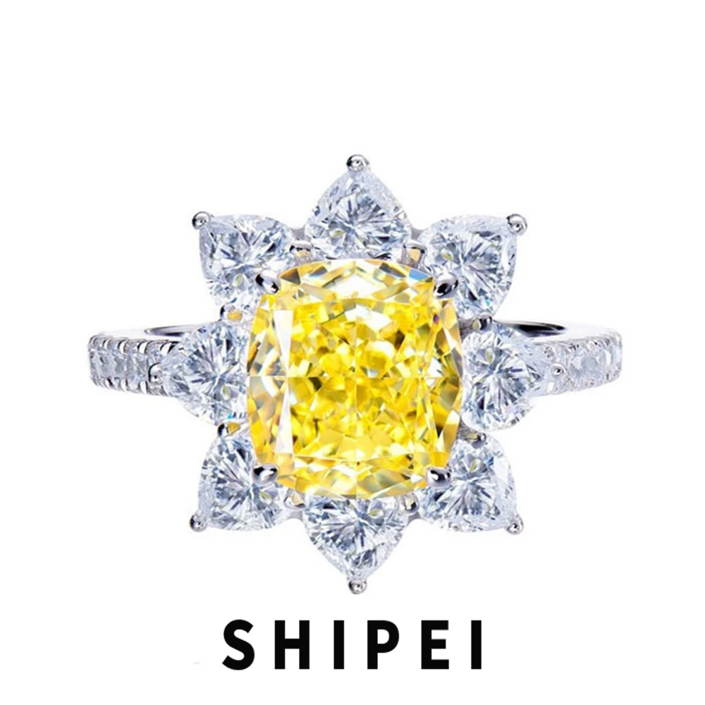 

SHIPEI Luxury Solid 925 Sterling Silver Crushed Ice Cut 3CT Citrine Gemstone Women Ring Fine Jewelry Wedding Engagement Rings