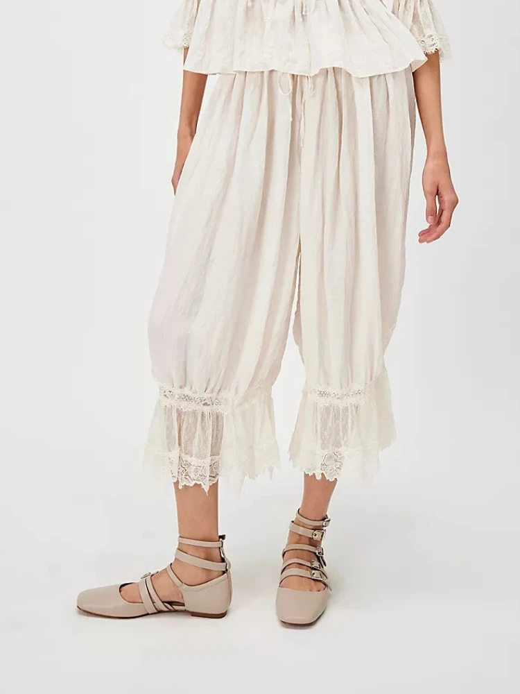 Women's Y2K Loose Fit Bloomers Cropped Pants Drawstring High Waist Floral Lace Patchwork Calf-Length Lantern Trousers