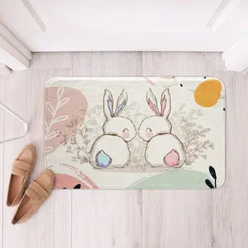 Cute Rabbit Carpet Kawaii Cartoon Bunny Rug for Boys Girls Lovely Animal Easter Rabbit Door Mat Non Slip Spring Flowers Bath Mat