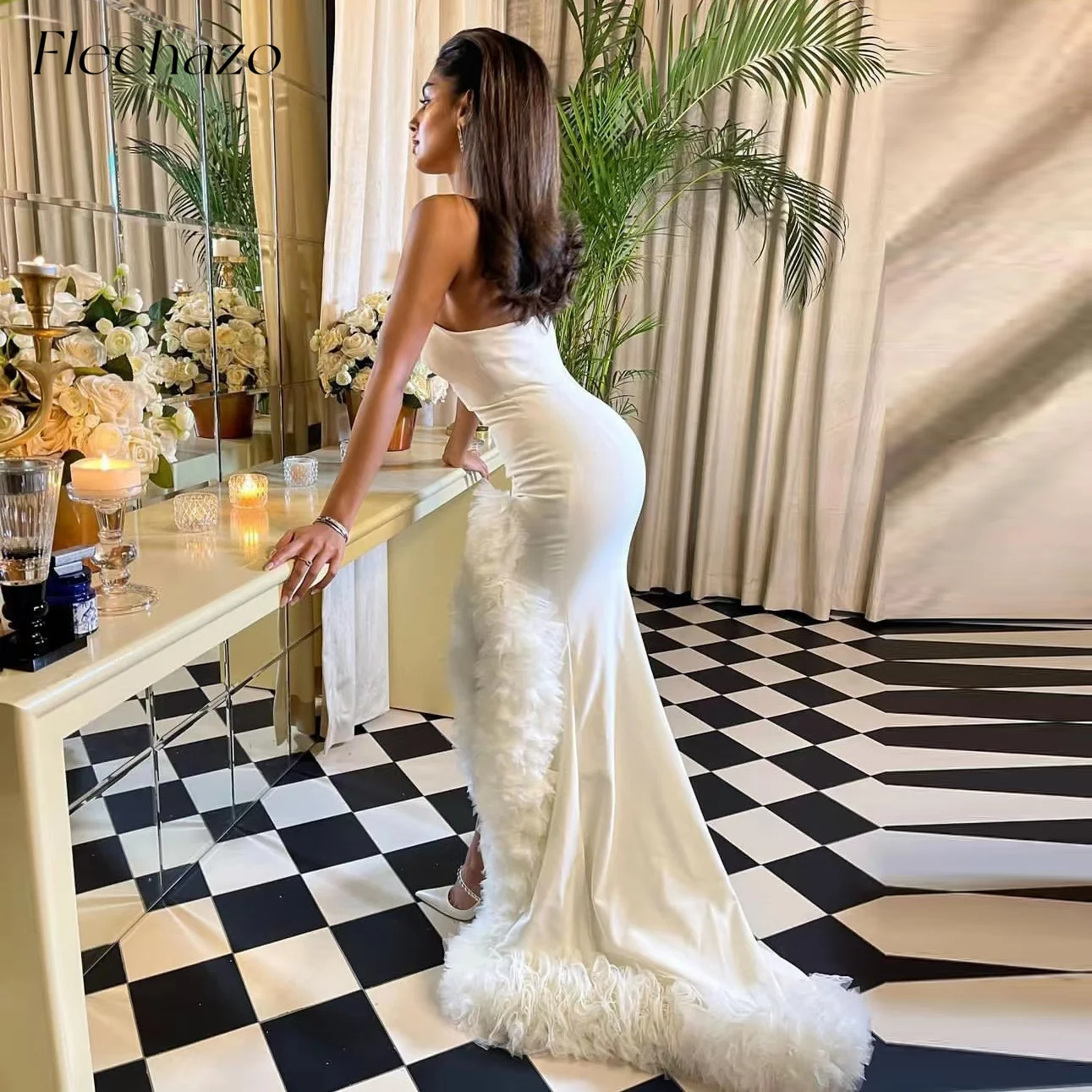 

Flechazo White Sheath Evening Dresses Strapless Sexy High Slit Sweep Train Formal Party Dress For Women 2024 vestidos de fiesta