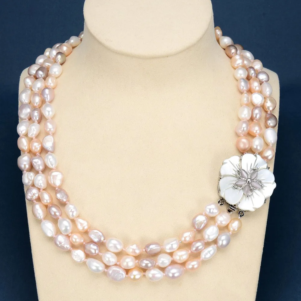 18'' 3 Rows Natural Pearl Mix Color Pink Purple White Keshi Pearl Baroque Statement Necklace For Women
