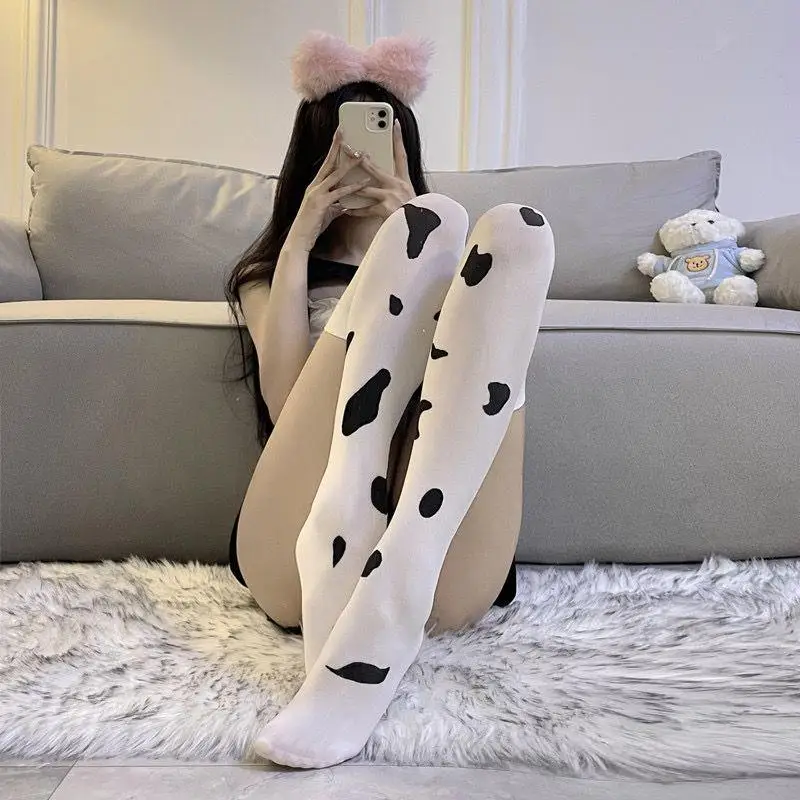 Cow stockings sexy stockings show skinny lace over the knee socks thin Japanese white spotted black wire