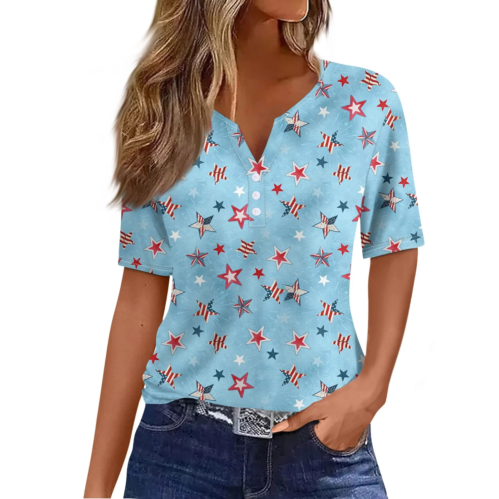

Tops For Women Elegant 2024 Women'S T Shirt Tee Print Button Short Sleeve Daily Weekend Fashion Basic V- Neck Regular Top 한국인후기많