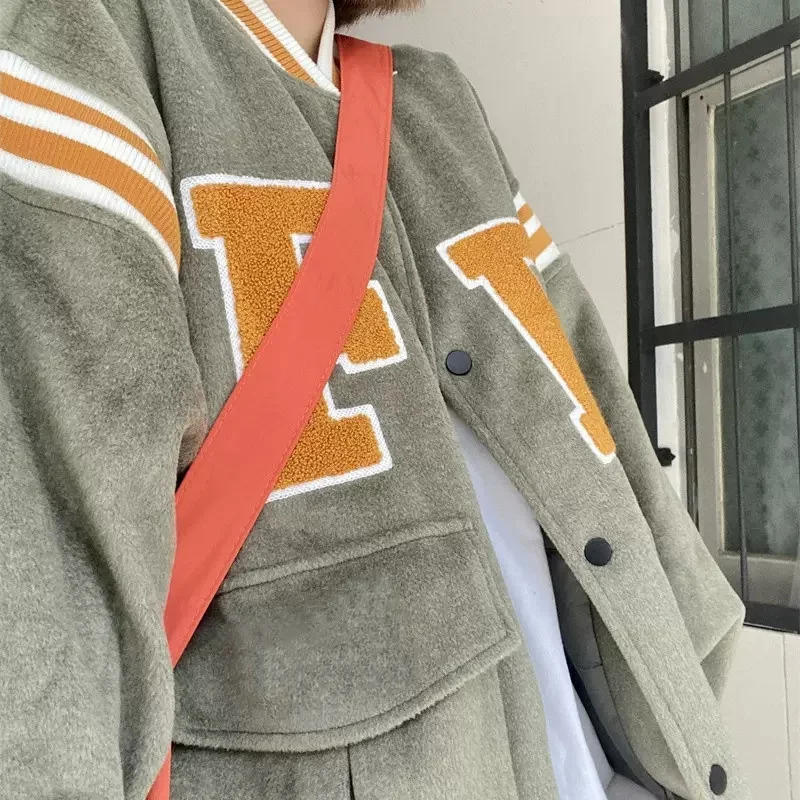 Green Woolen Coat Women's 2022 Autumn and Winter Thickened Loose All-match American Retro High Street Jacket Baseball Uniform X2