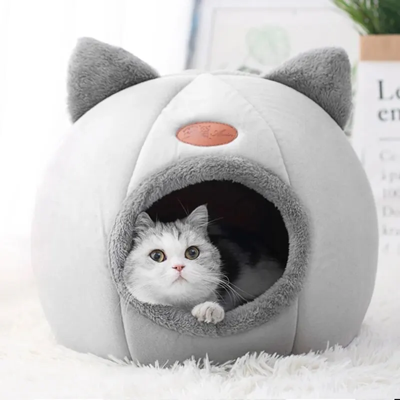 Casa para gatos cálida y bonita con forma de cabeza de gato, cueva para dormir segura, diseño semicerrado antideslizante, nido Universal para gatos para las cuatro estaciones 2
