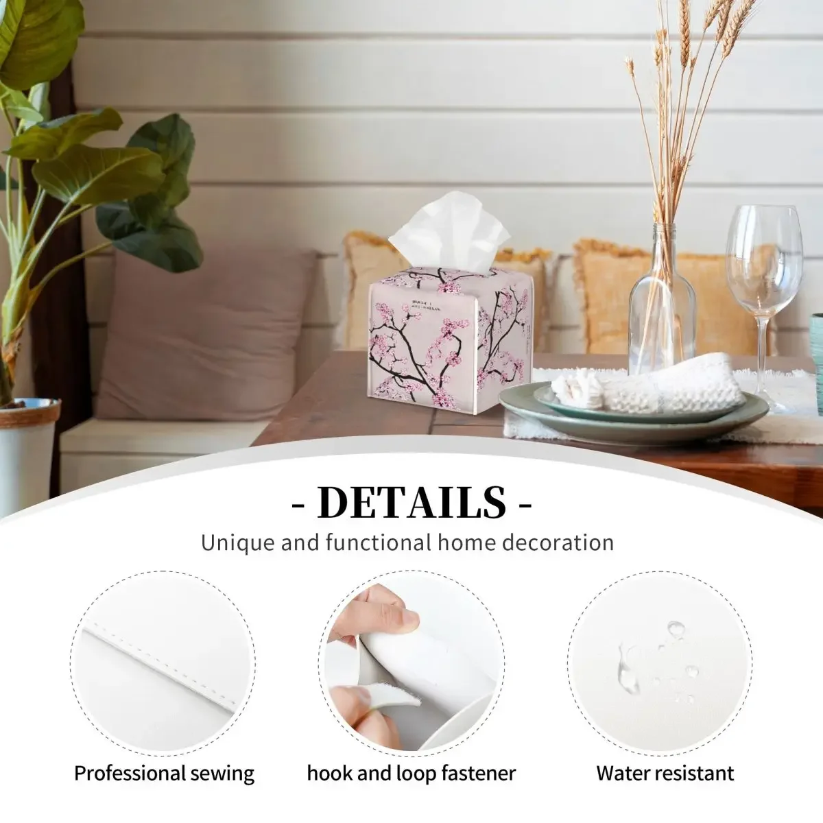 Custom Pink Floral Cherry Blossom Tissue Box Cover PU Leather Square Japanese Sakura Flower Facial Tissues Holder for Home 3