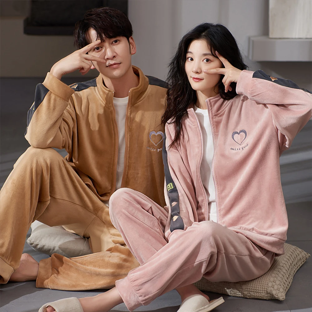 Delicate Thicken Island Velvet Pajamas for Couples Winter Warm Smooth Pajama Man Sleepwear for sleeping Women's Sweet Pyjama Set